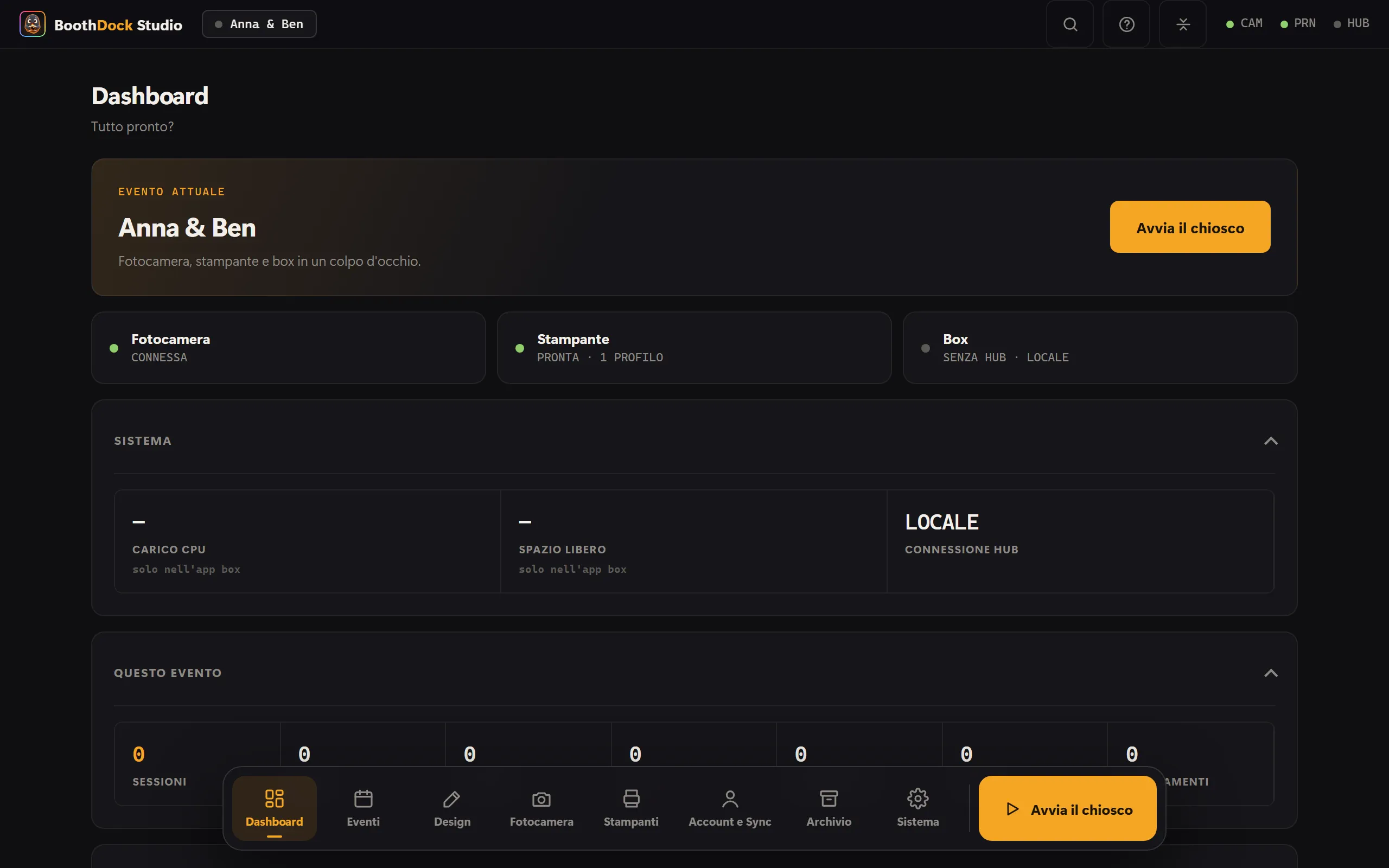La dashboard di Studio: fotocamera, stampante e stato della Box a colpo d'occhio