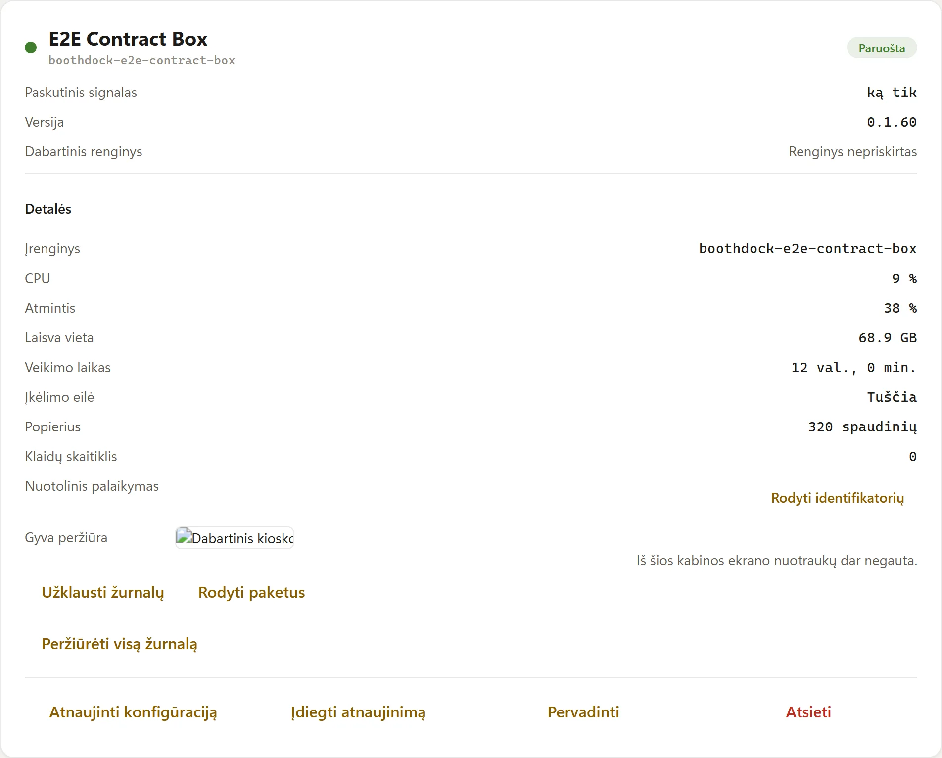 Nuotolinis valdymas dėžės informacijoje Hub'e: „Paleisti atnaujinimą" ir „Atsieti"