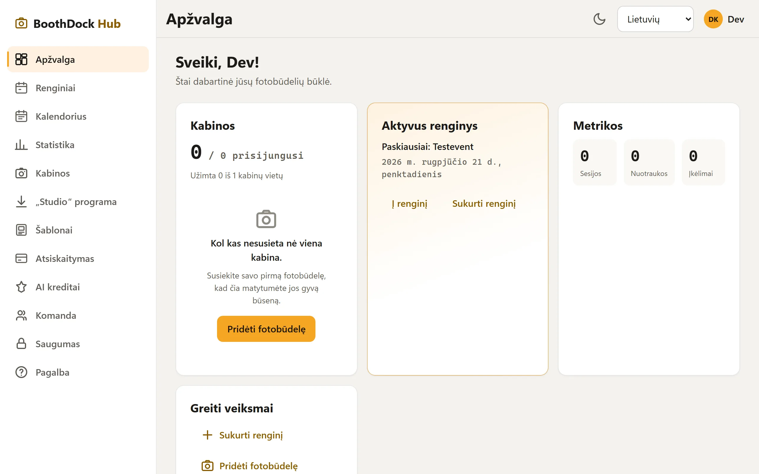 Hub valdymo pultas: dėžės, aktyvus renginys ir rodikliai vienu žvilgsniu