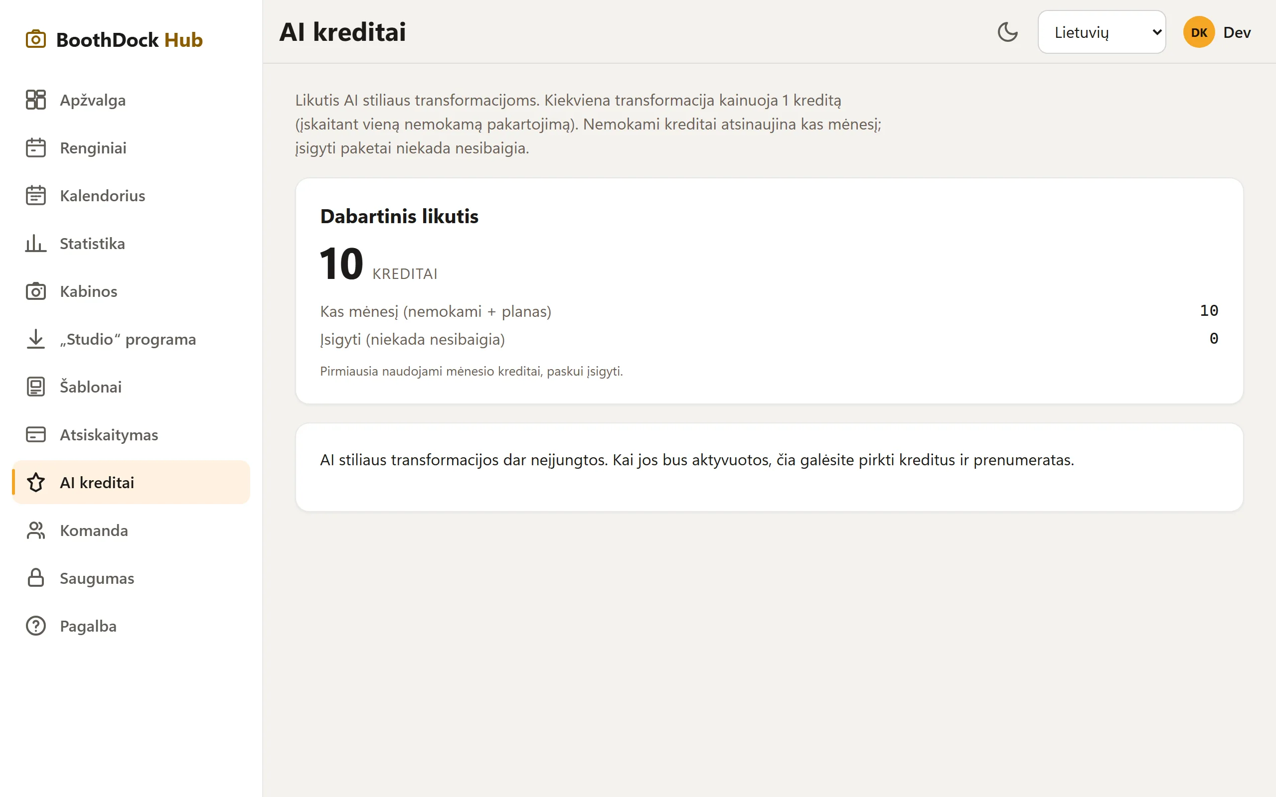 DI kreditai Hub'e: dabartinis likutis, mėnesiniai ir pirkti kreditai