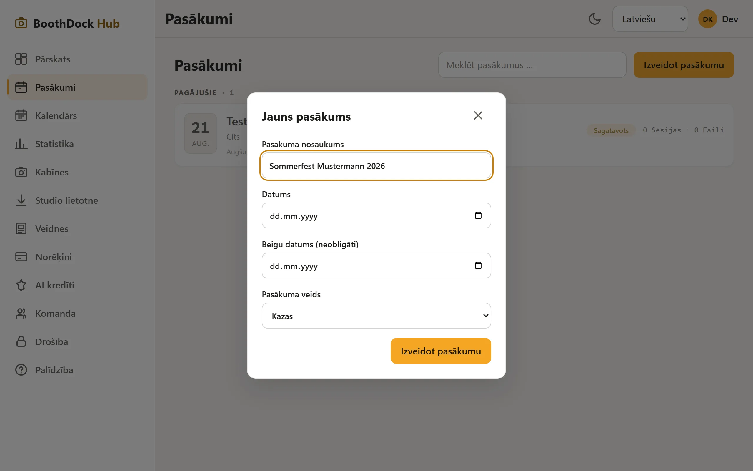 Dialoglodziņš "Jauns pasākums" ar nosaukumu, datumu un pasākuma veidu