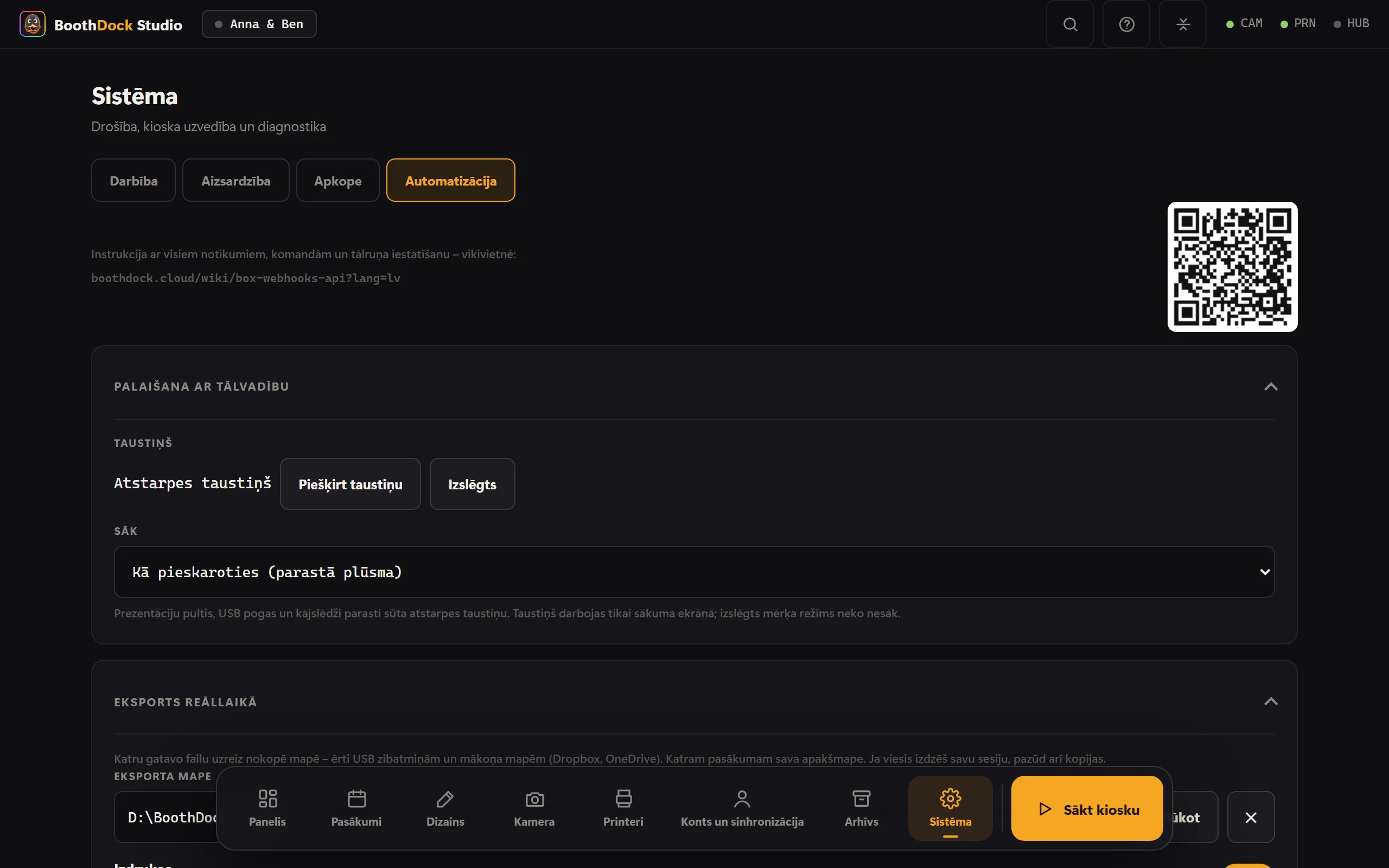 Sistēma → Automatizācija: eksports reāllaikā, webhooks un lokālā API