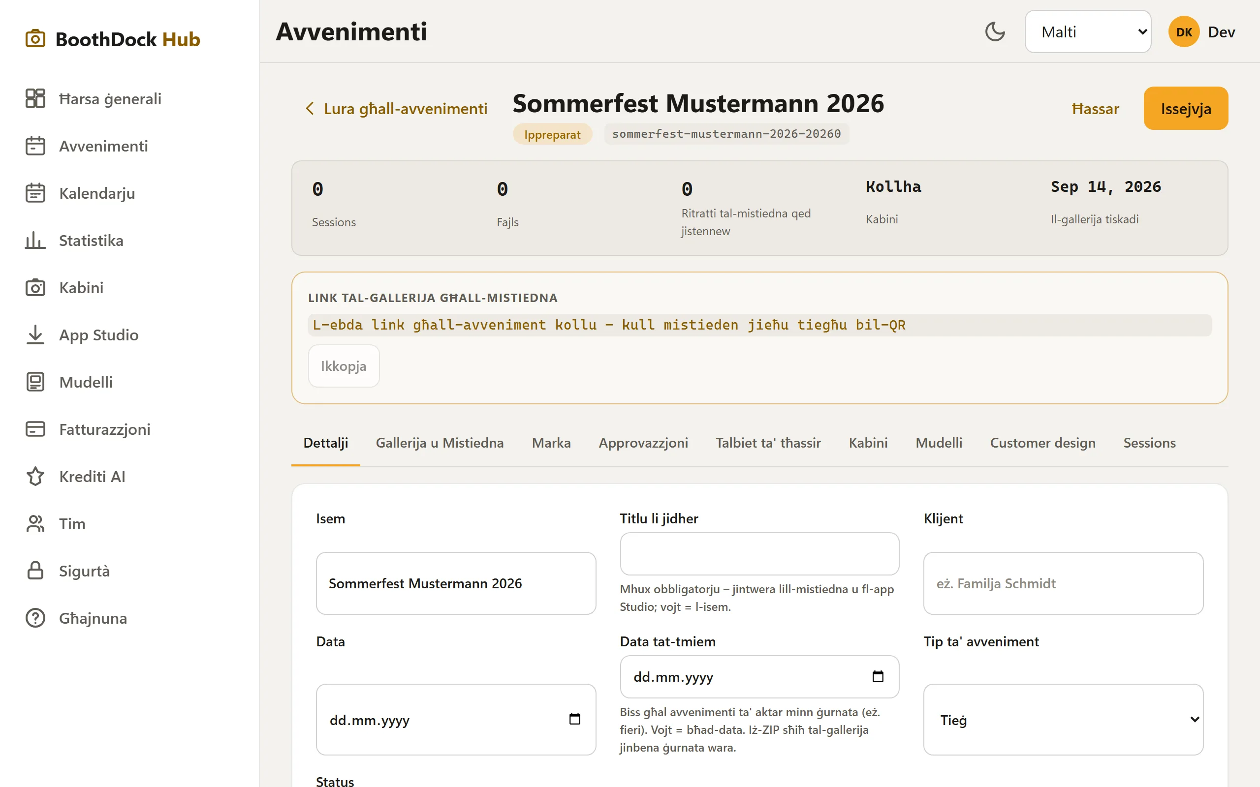 L-avveniment maħluq bl-iskedi tiegħu (Dettalji, Galerija u Mistiedna, Marka …)