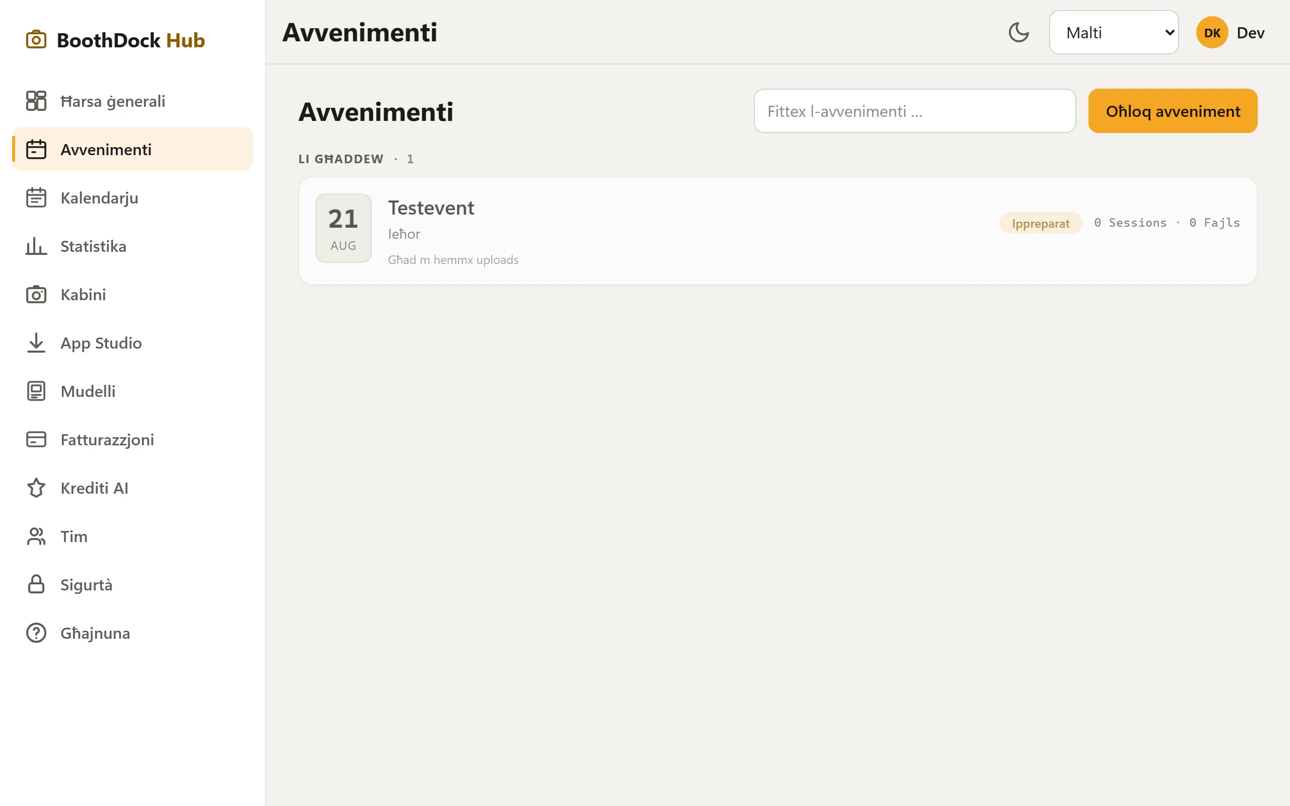 Il-lista tal-avvenimenti fil-Hub b'faxxa ta' attenzjoni u „Oħloq avveniment"