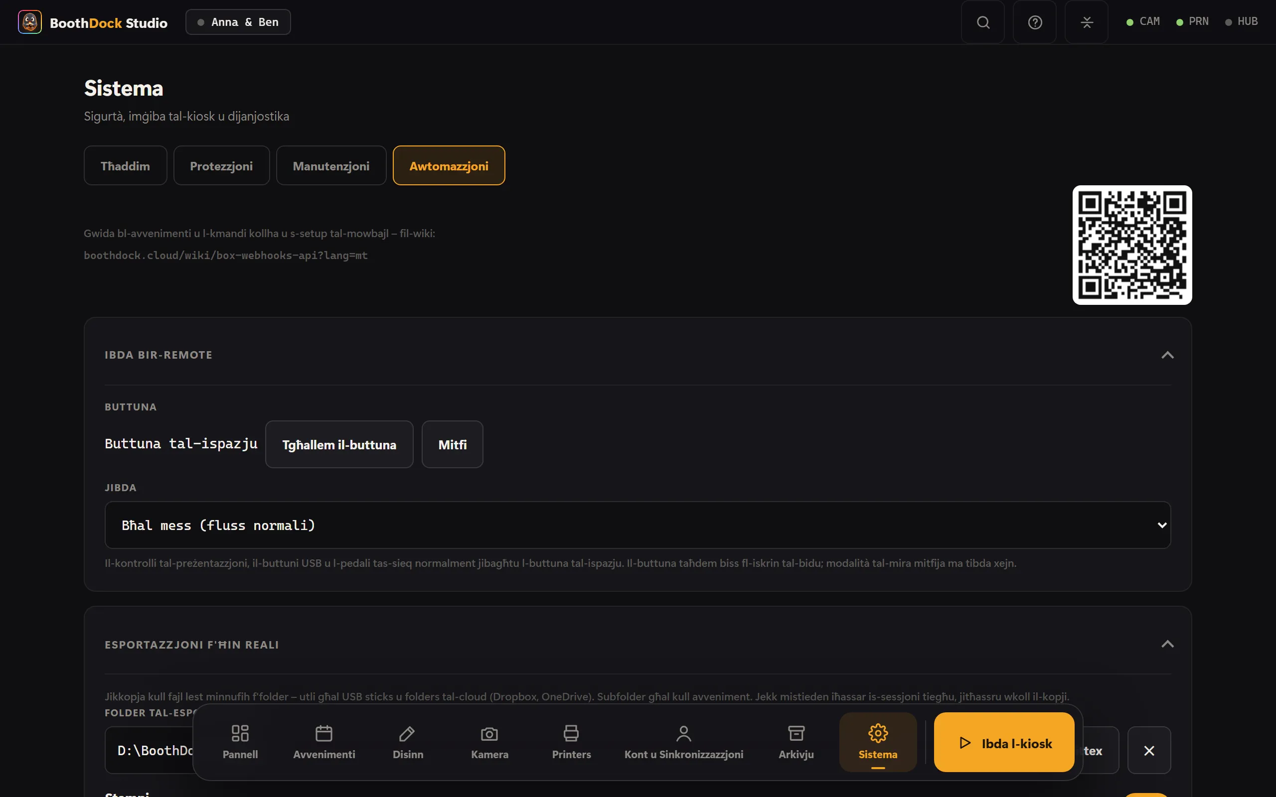 Sistema → Awtomazzjoni: esportazzjoni f'ħin reali, webhooks u API lokali