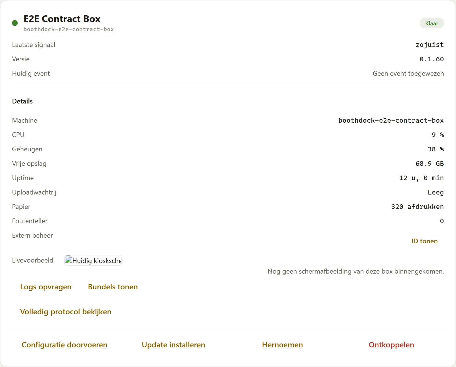 „Update starten" in het boxdetail van de Hub
