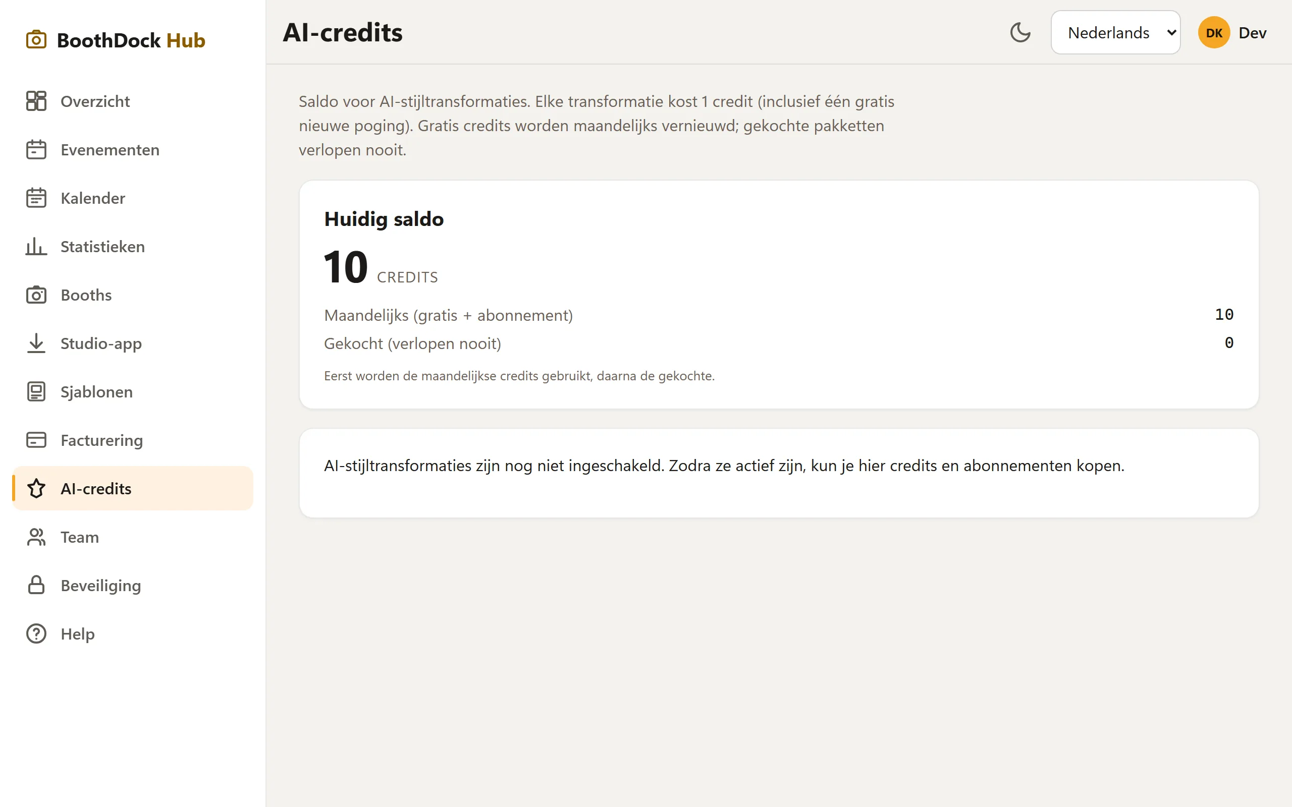AI-credits in de Hub: huidig tegoed, maandelijkse en gekochte credits