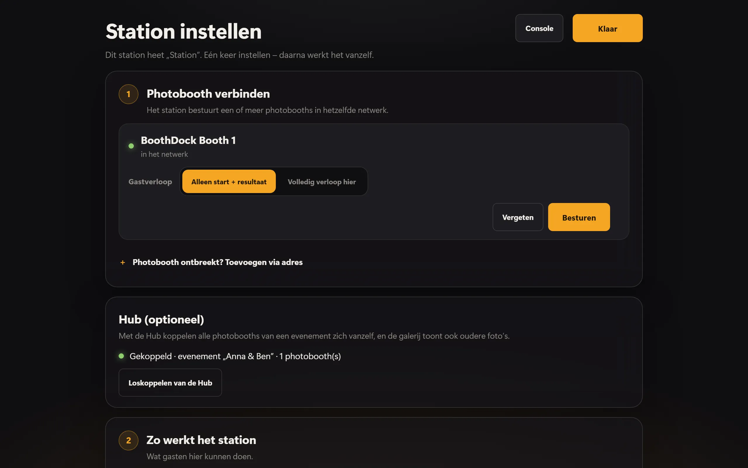 De instellingen van het station: gekoppelde box en Hub