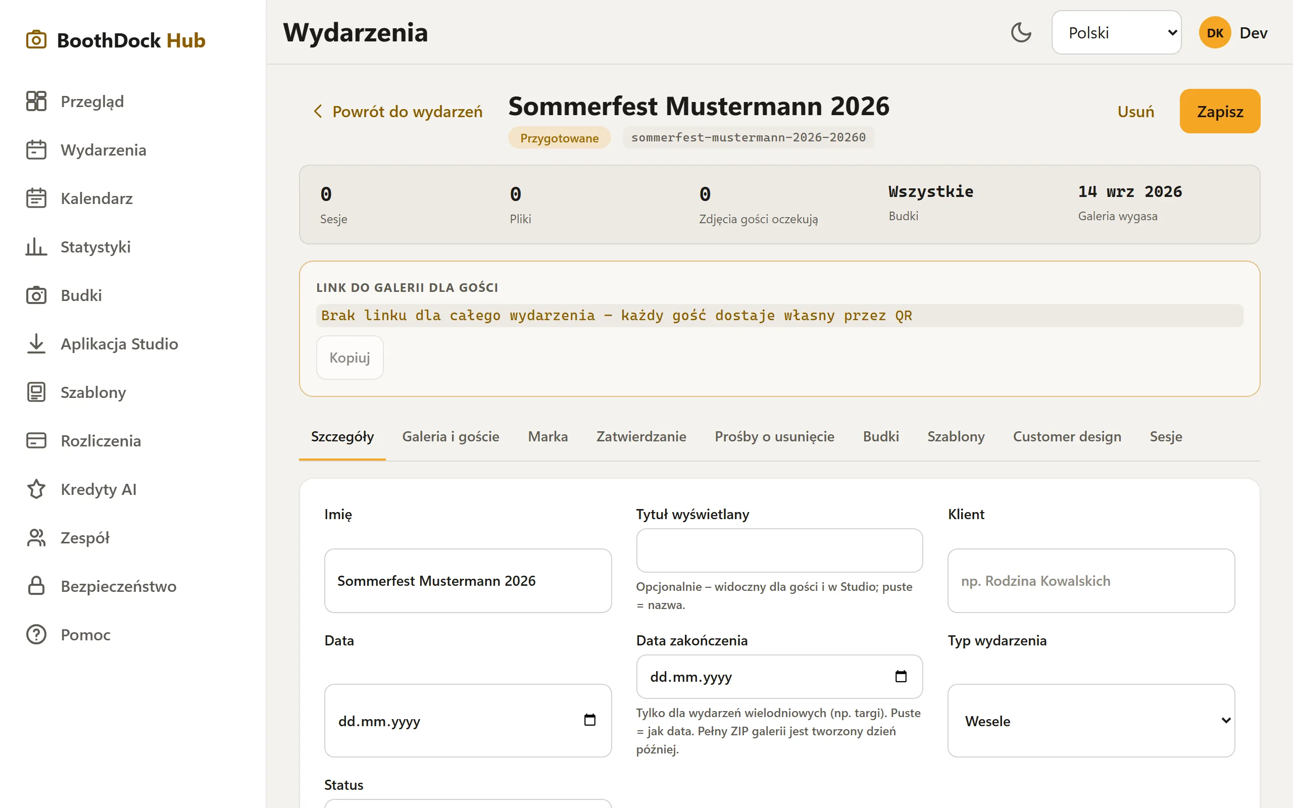 Utworzony event z jego zakładkami (Szczegóły, Galeria i goście, Marka…)