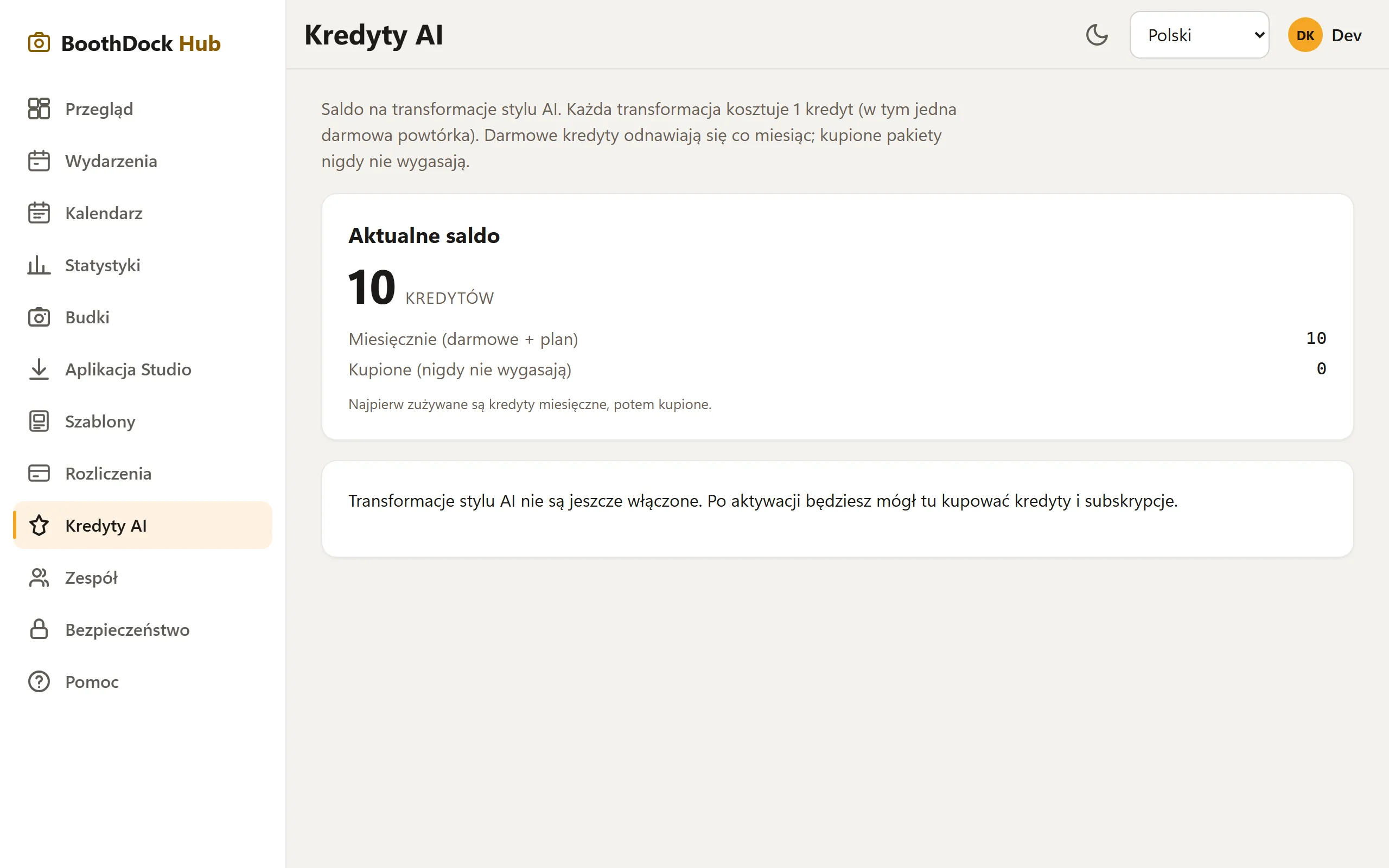 Kredyty AI w Hub: aktualny stan konta, miesięczne i zakupione kredyty