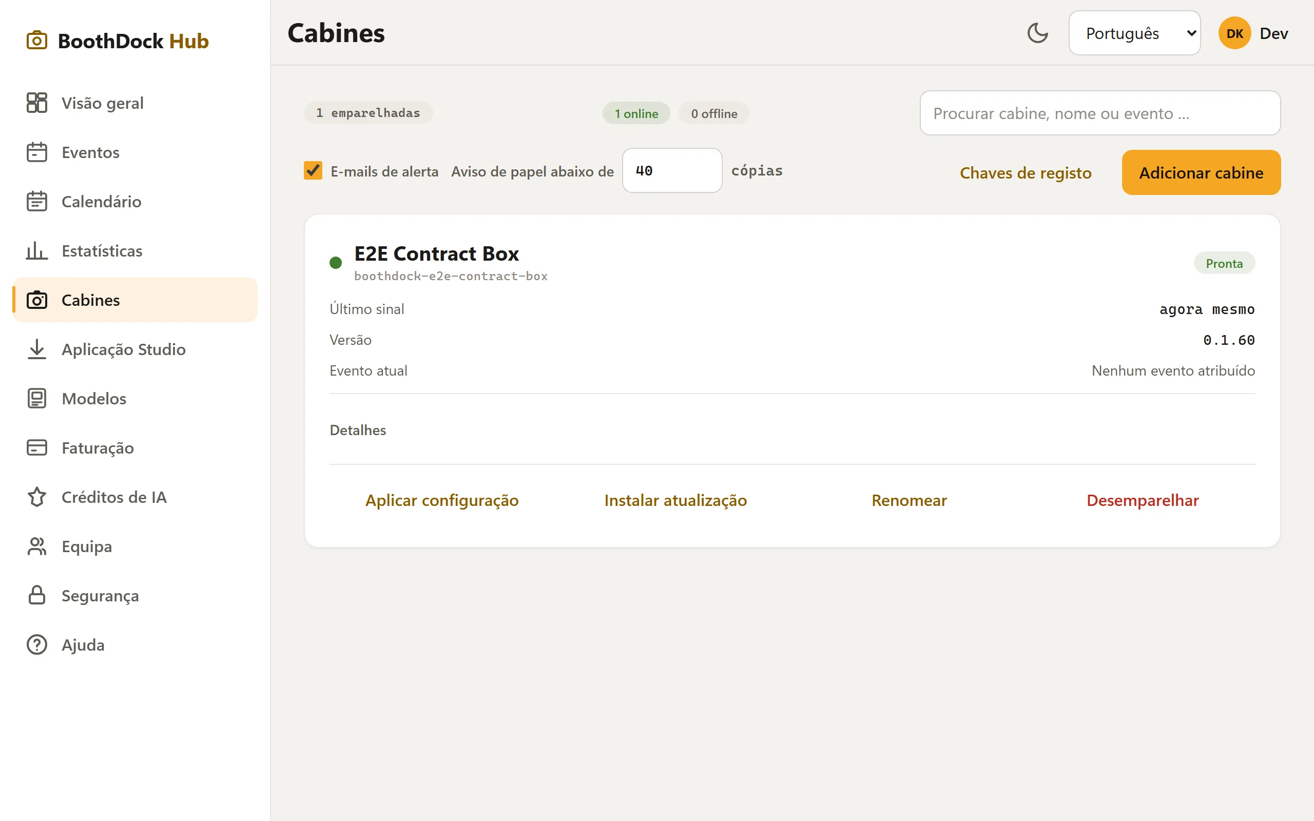 A área "Boxes": Boxes emparelhadas com status online, versão e aviso de papel