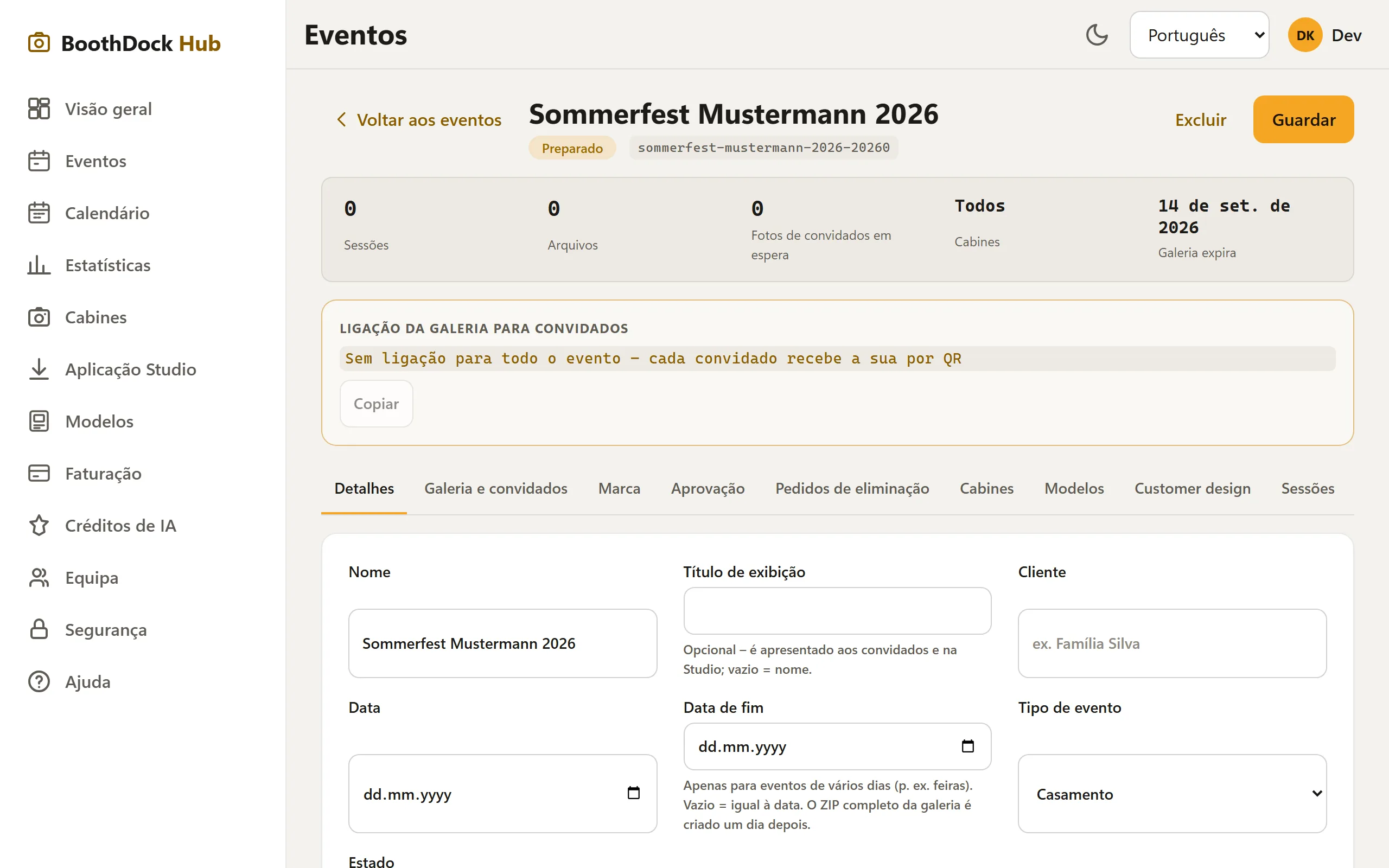 O evento criado com suas abas (Detalhes, Galeria e Convidados, Marca …)