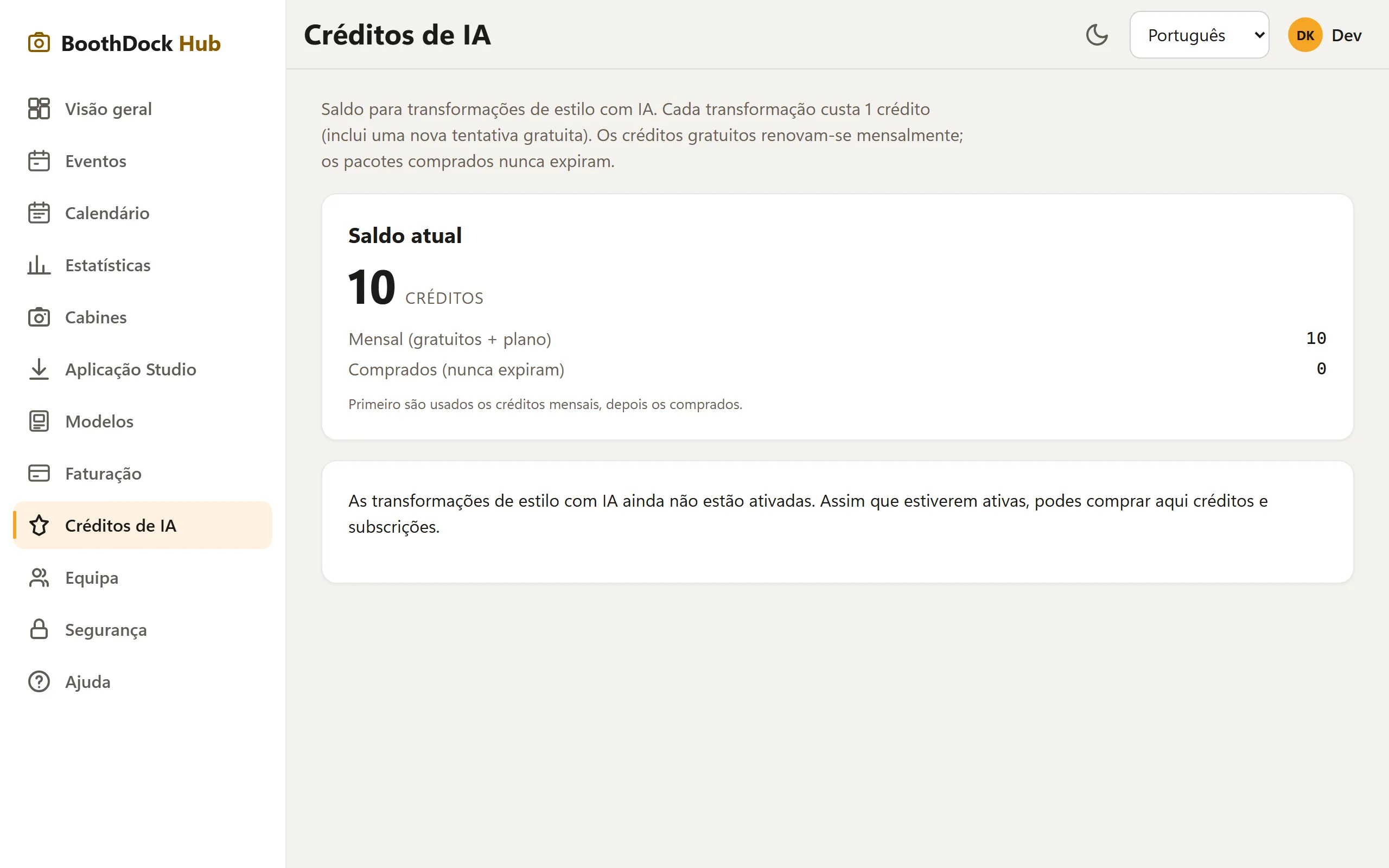 Créditos de IA no Hub: saldo atual, créditos mensais e comprados