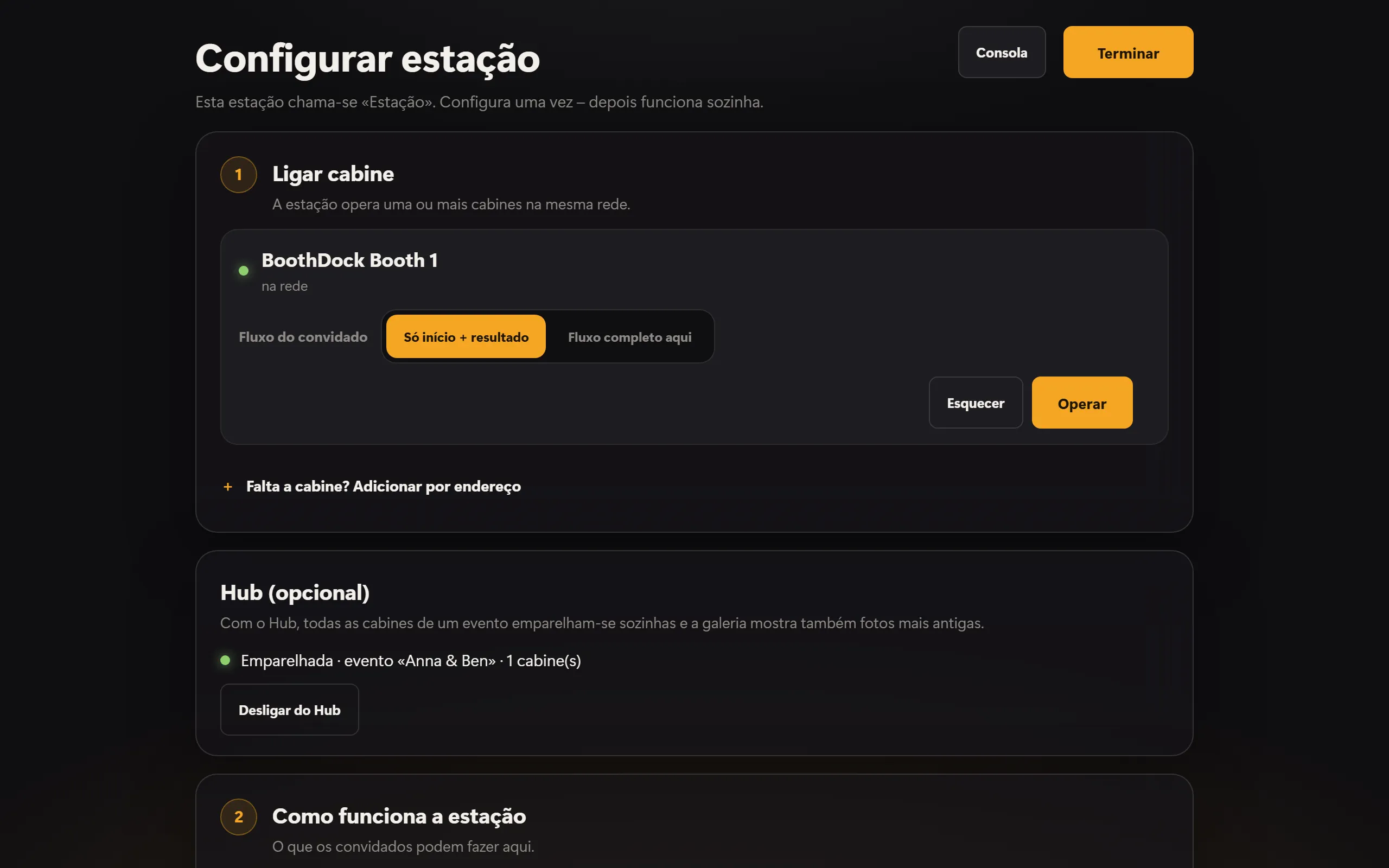 A configuração da estação: cabine emparelhada e Hub