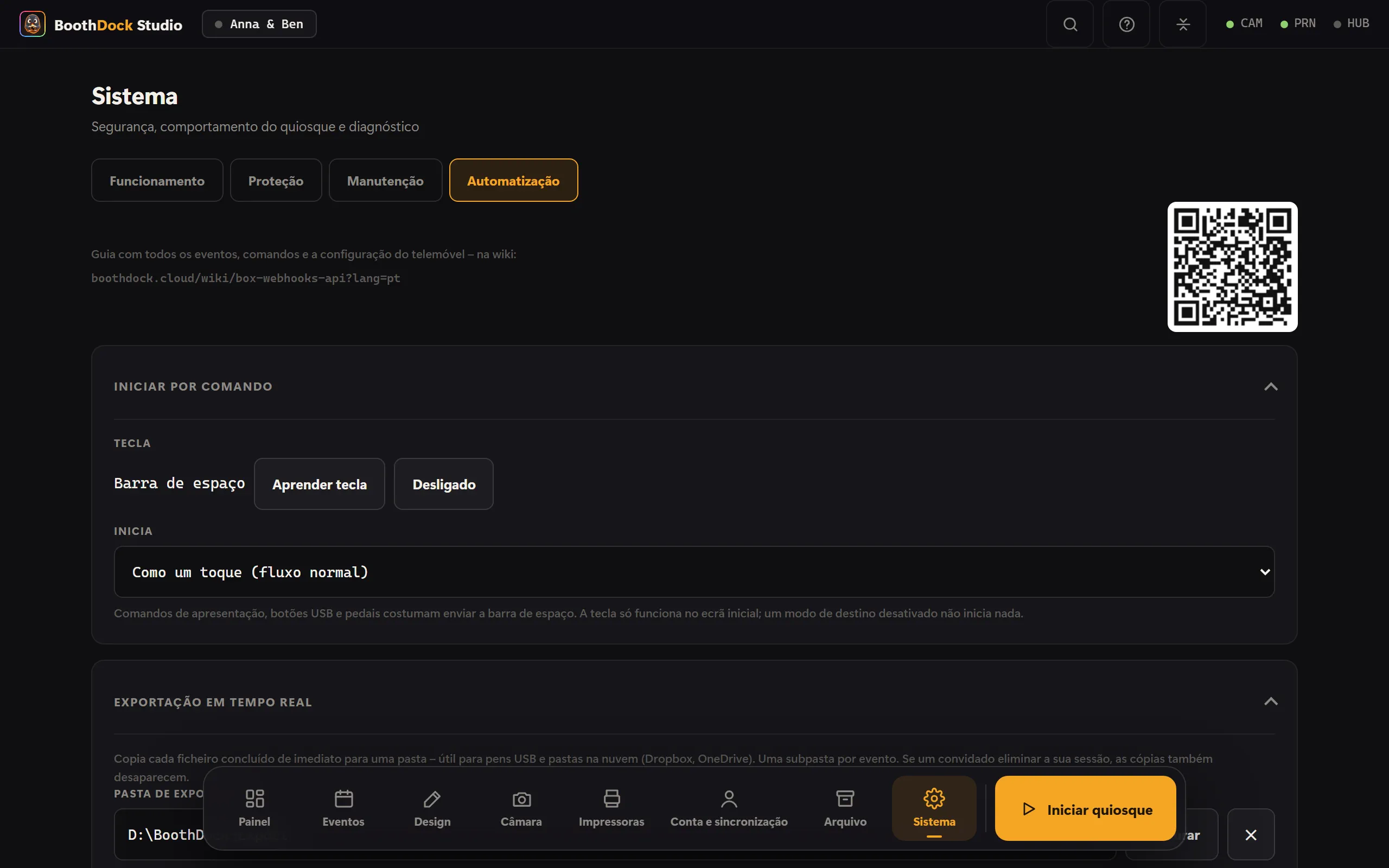 Sistema → Automatização: exportação em tempo real, webhooks e API local