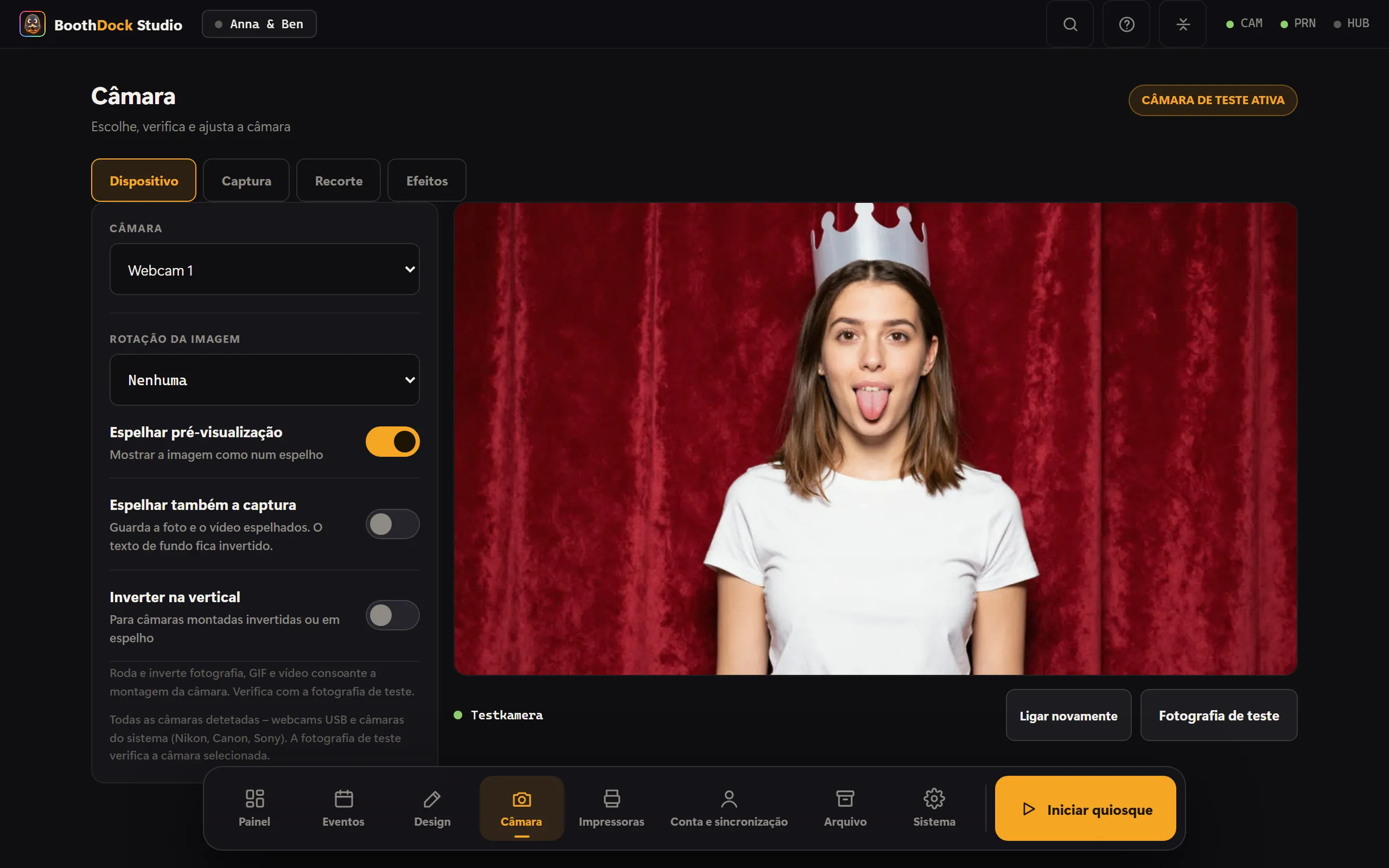 A área da câmara no Studio: pré-visualização ao vivo, lista de dispositivos e orientação