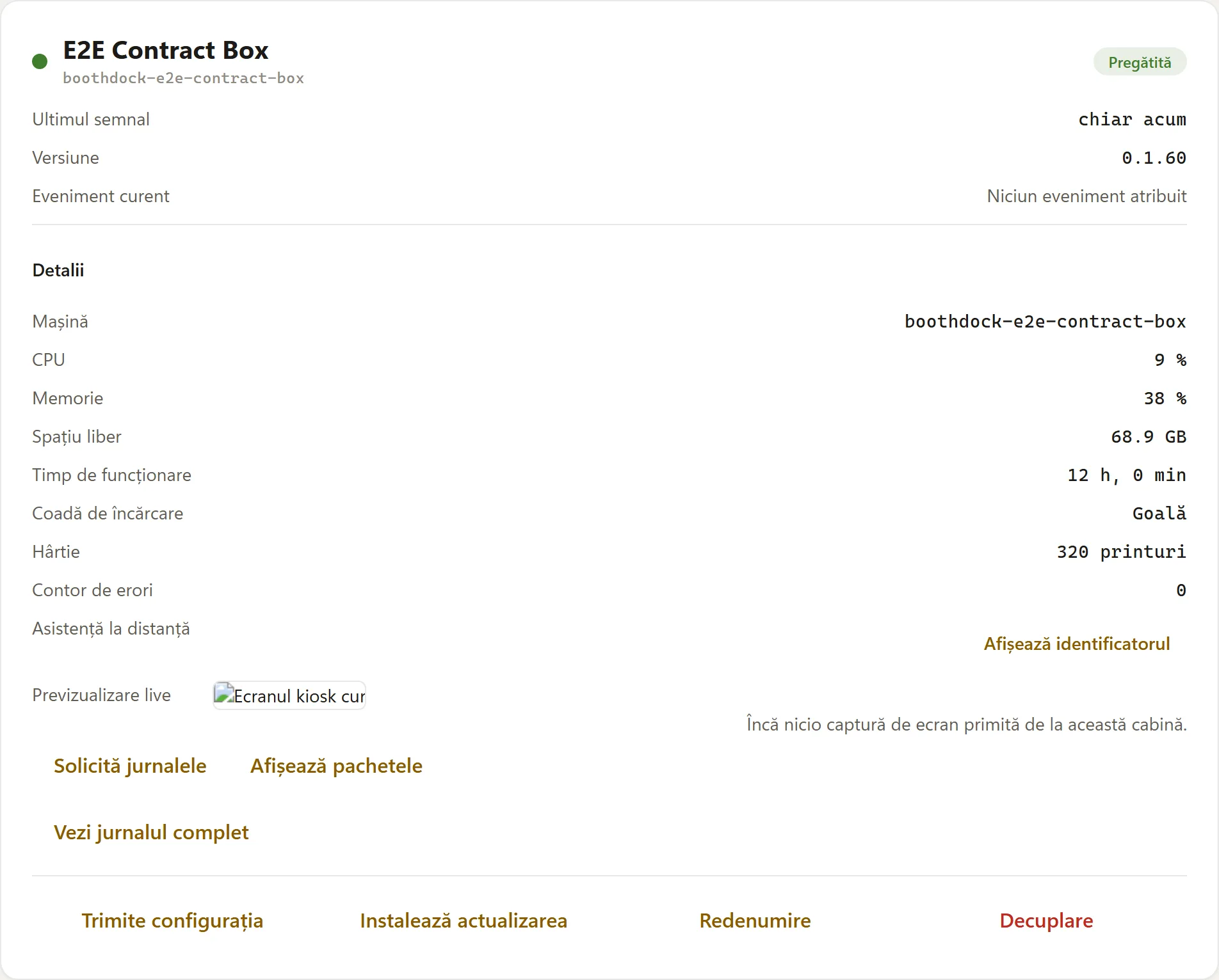 Comandă la distanță în detaliul box-ului din Hub: „Pornește update" și „Decuplează"