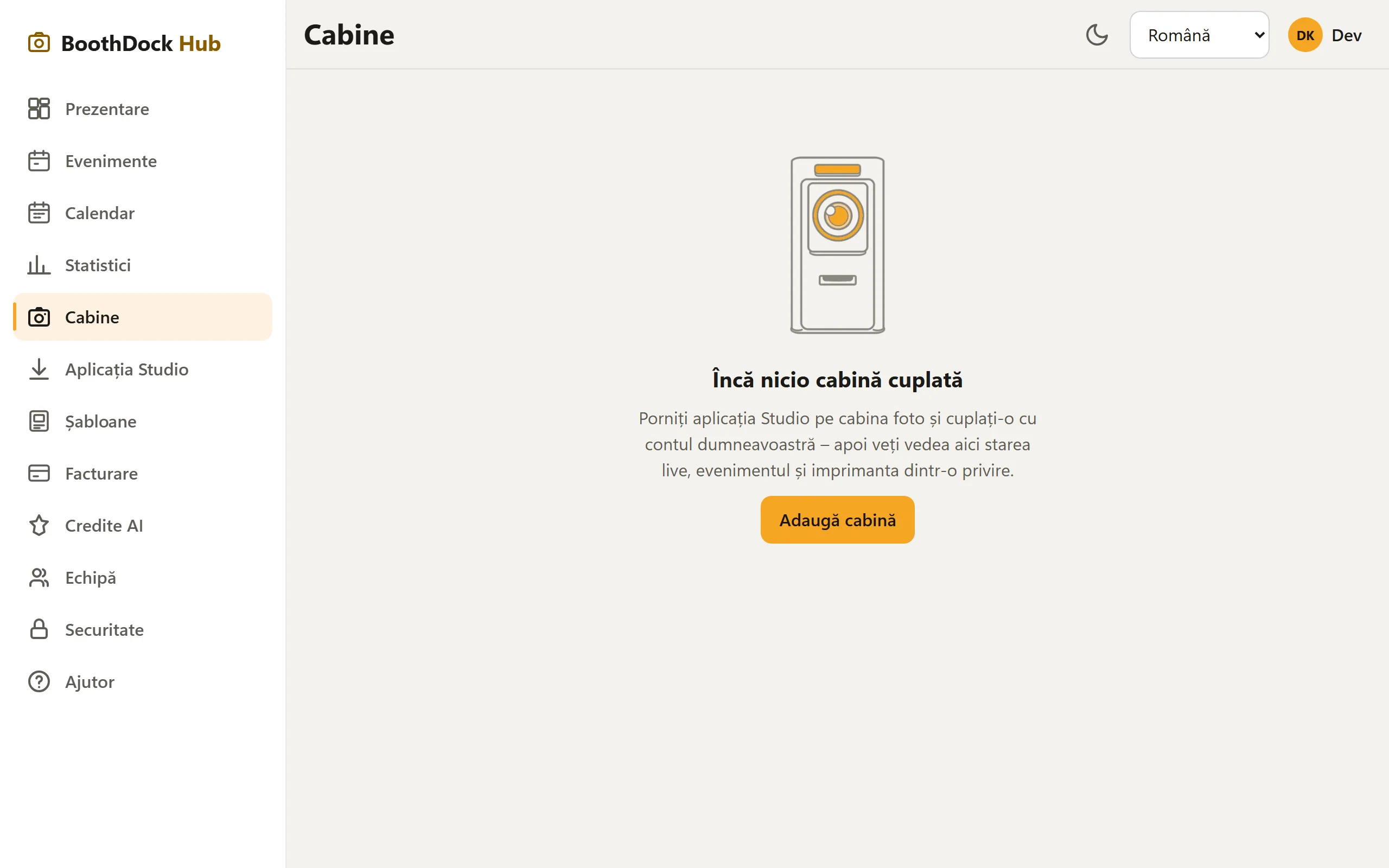 Secțiunea „Cabine" din Hub cu „Adaugă box"