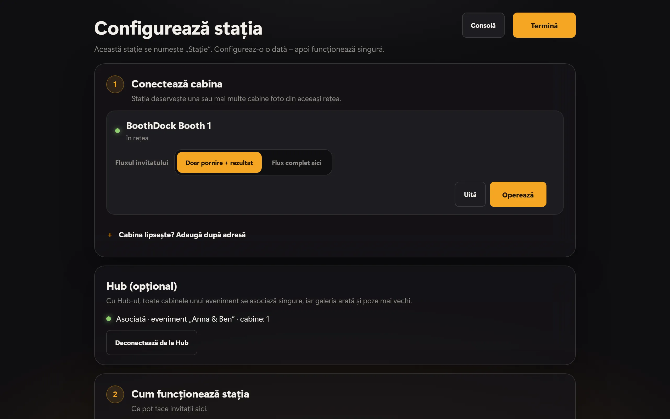 Configurarea stației: cabina asociată și Hub-ul