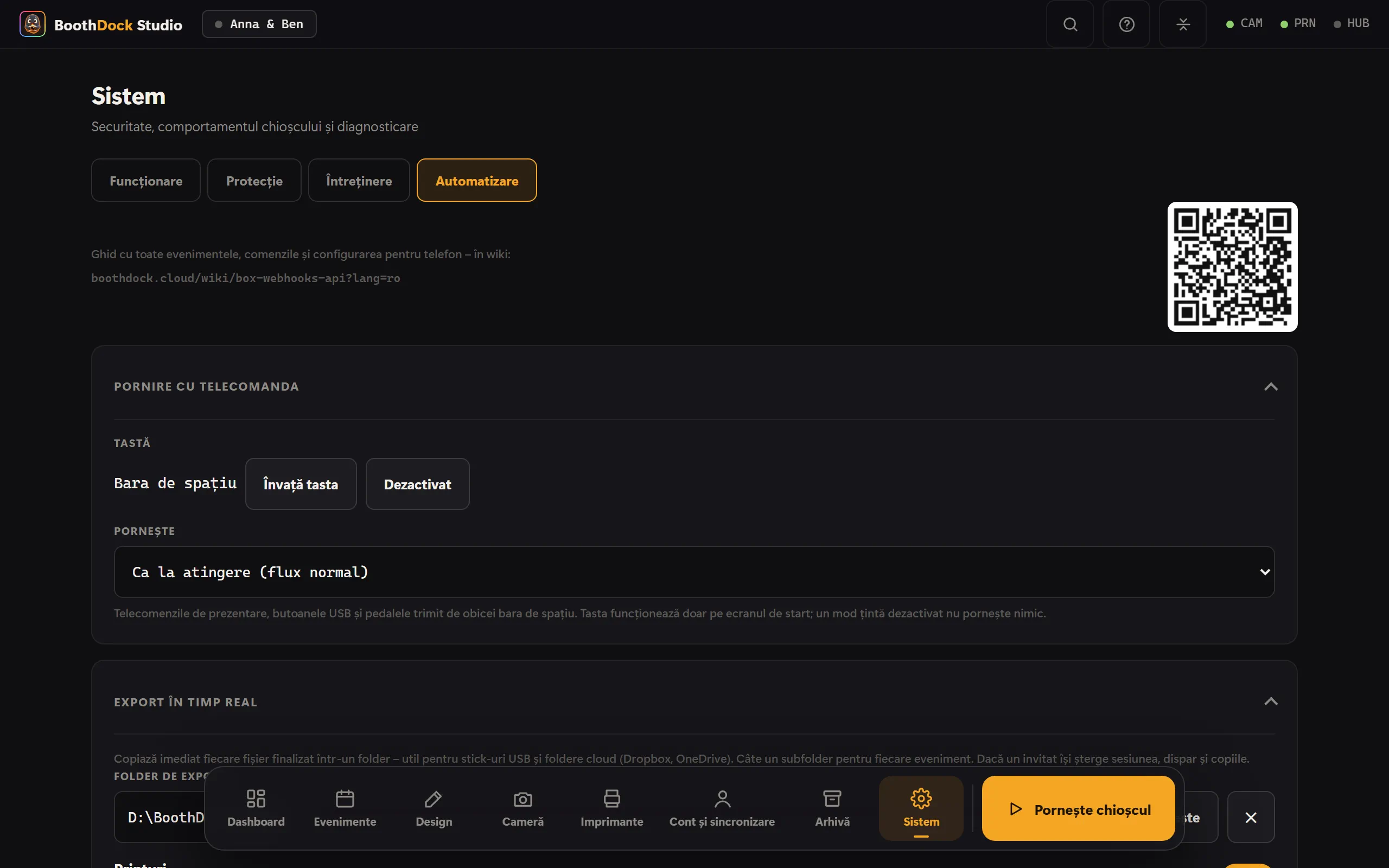 Sistem → Automatizare: export în timp real, webhook-uri și API locală