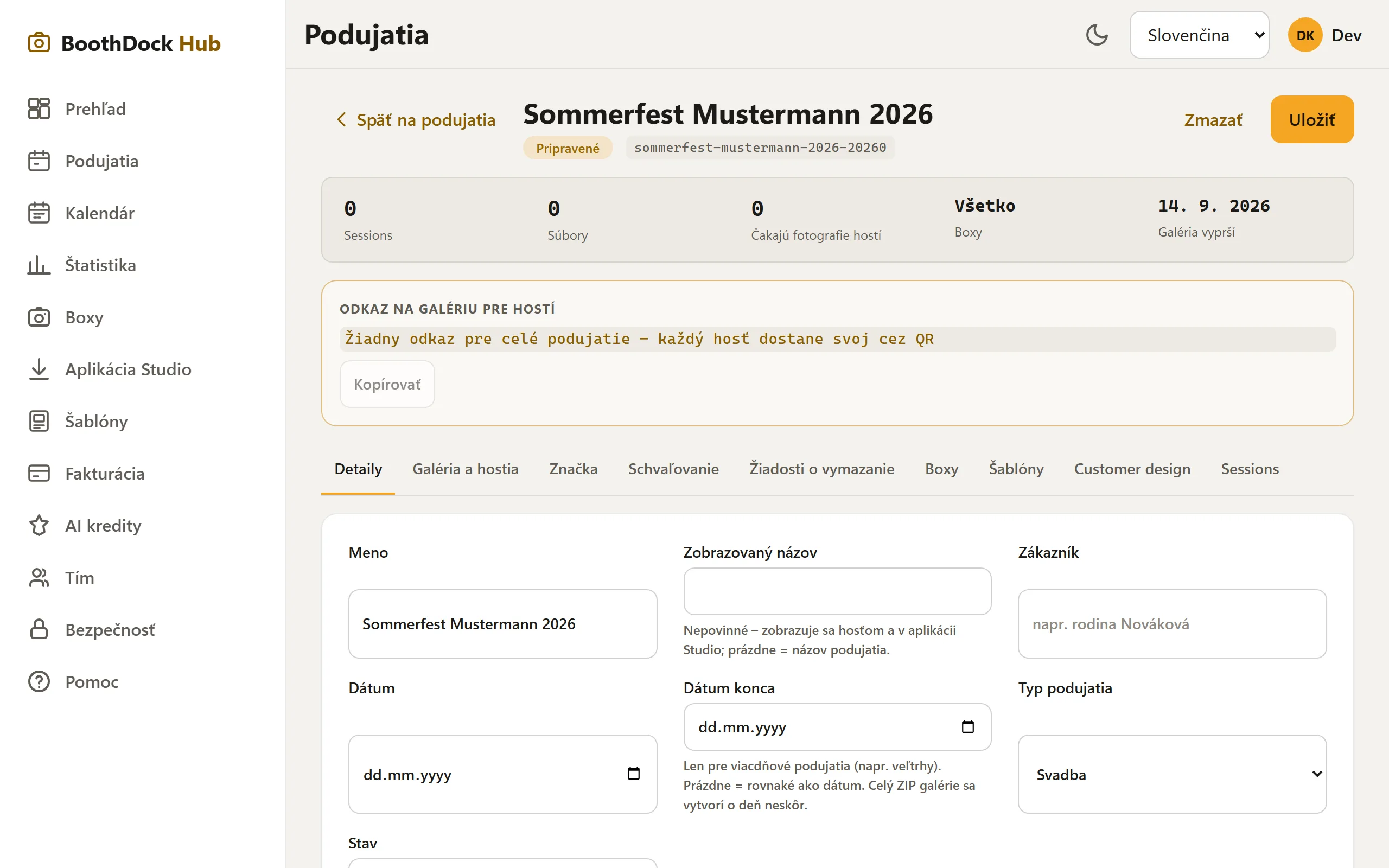 Vytvorené podujatie s jeho kartami (podrobnosti, galéria a hostia, značka …)