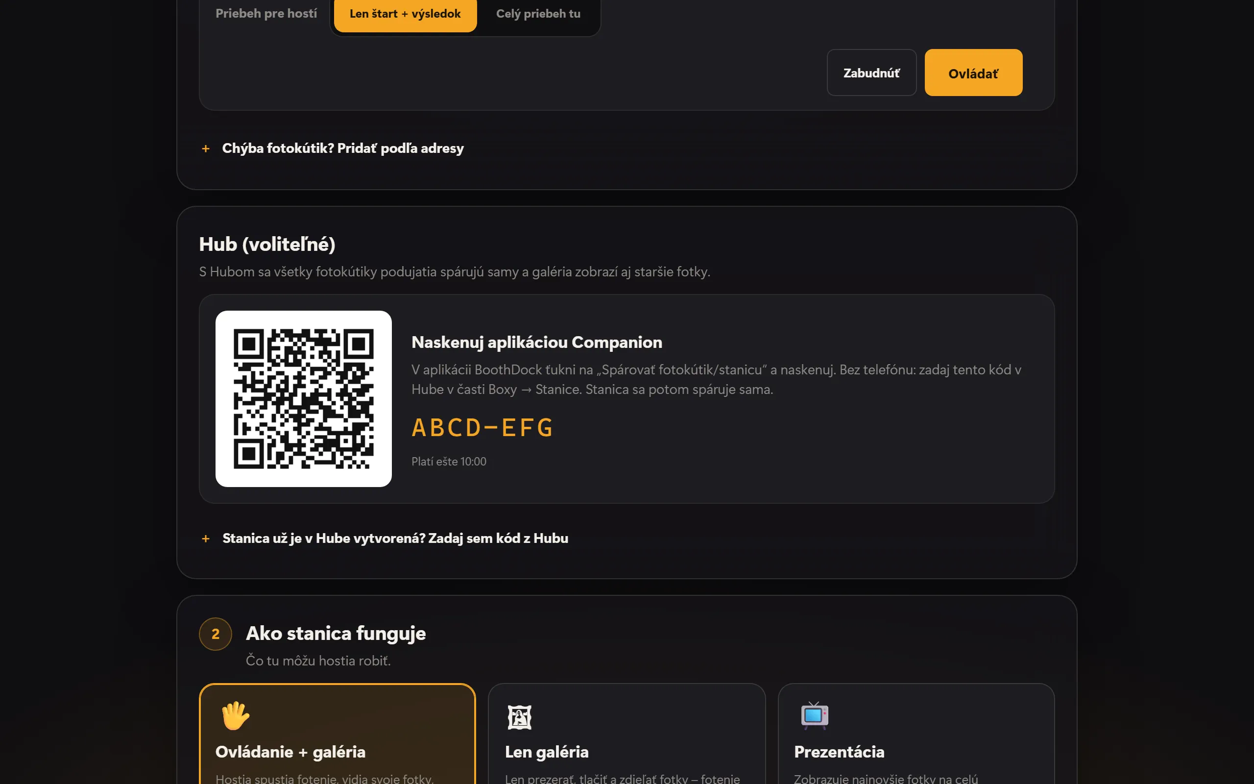Spárovanie s Hubom: QR kód pre aplikáciu Companion