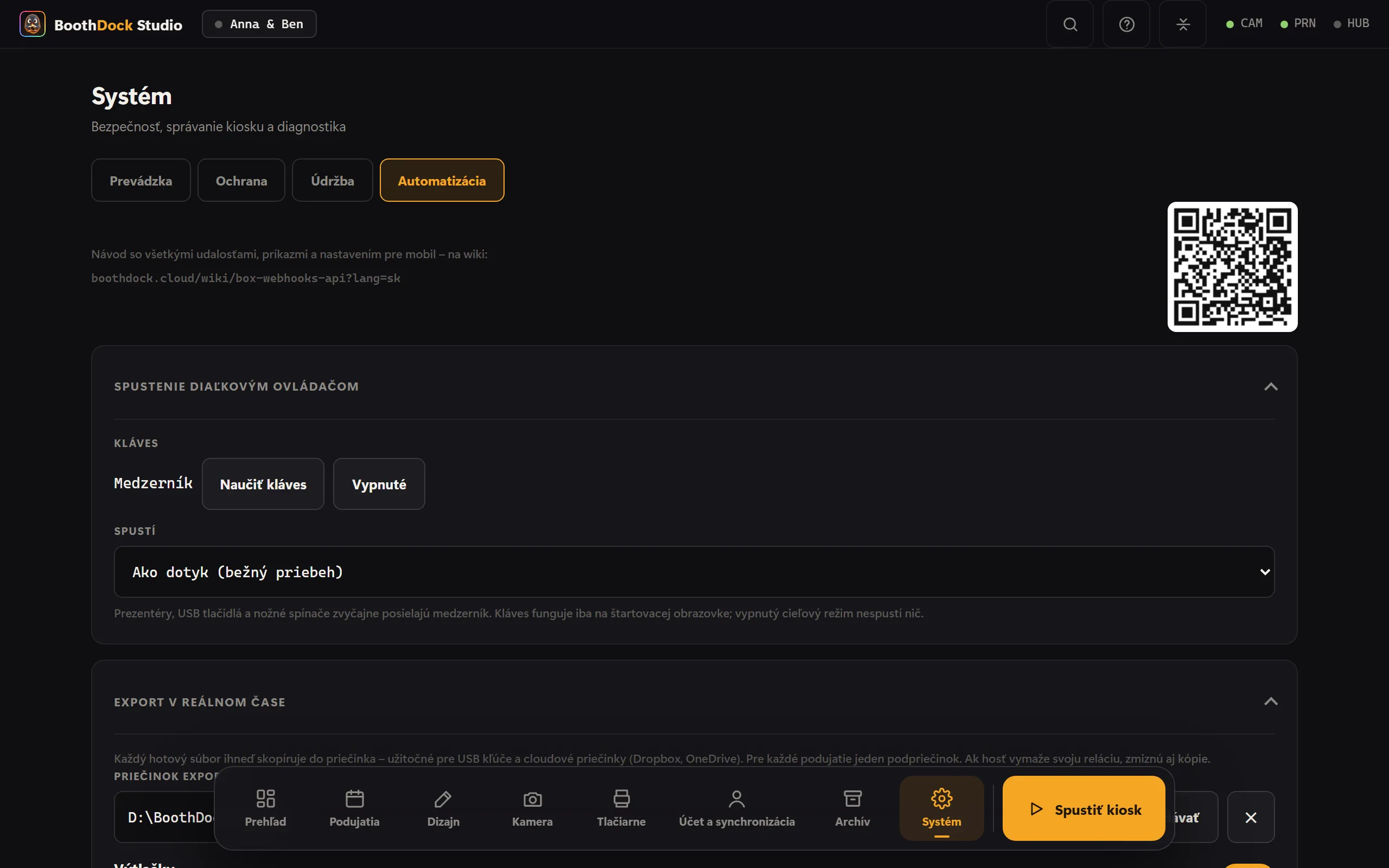 Systém → Automatizácia: export v reálnom čase, webhooky a lokálne API