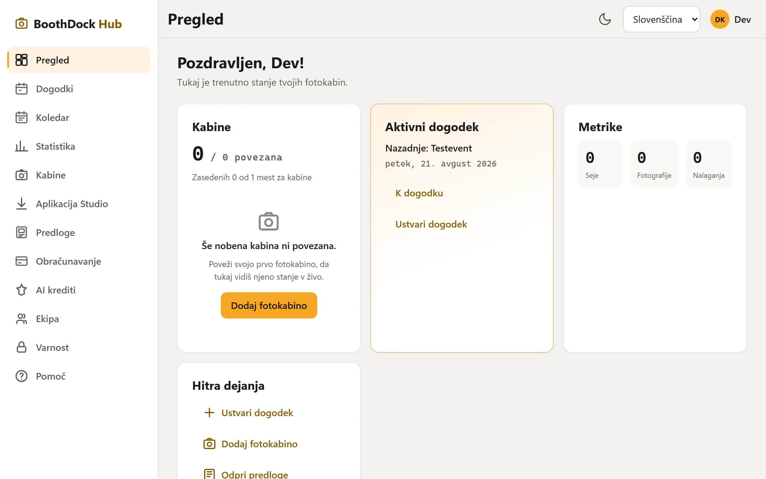 Nadzorna plošča Huba: kabine, aktiven dogodek in kazalniki na en pogled