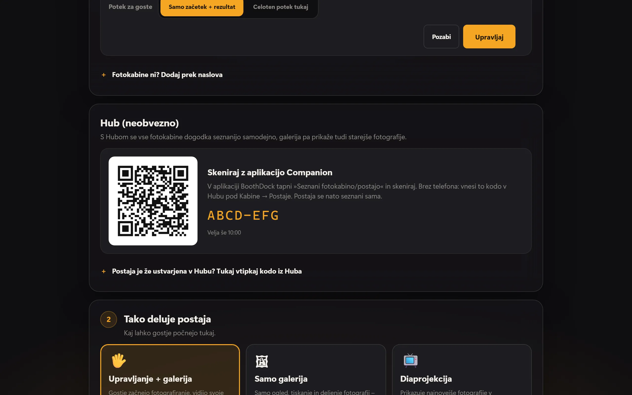 Seznanjanje s Hubom: koda QR za aplikacijo Companion