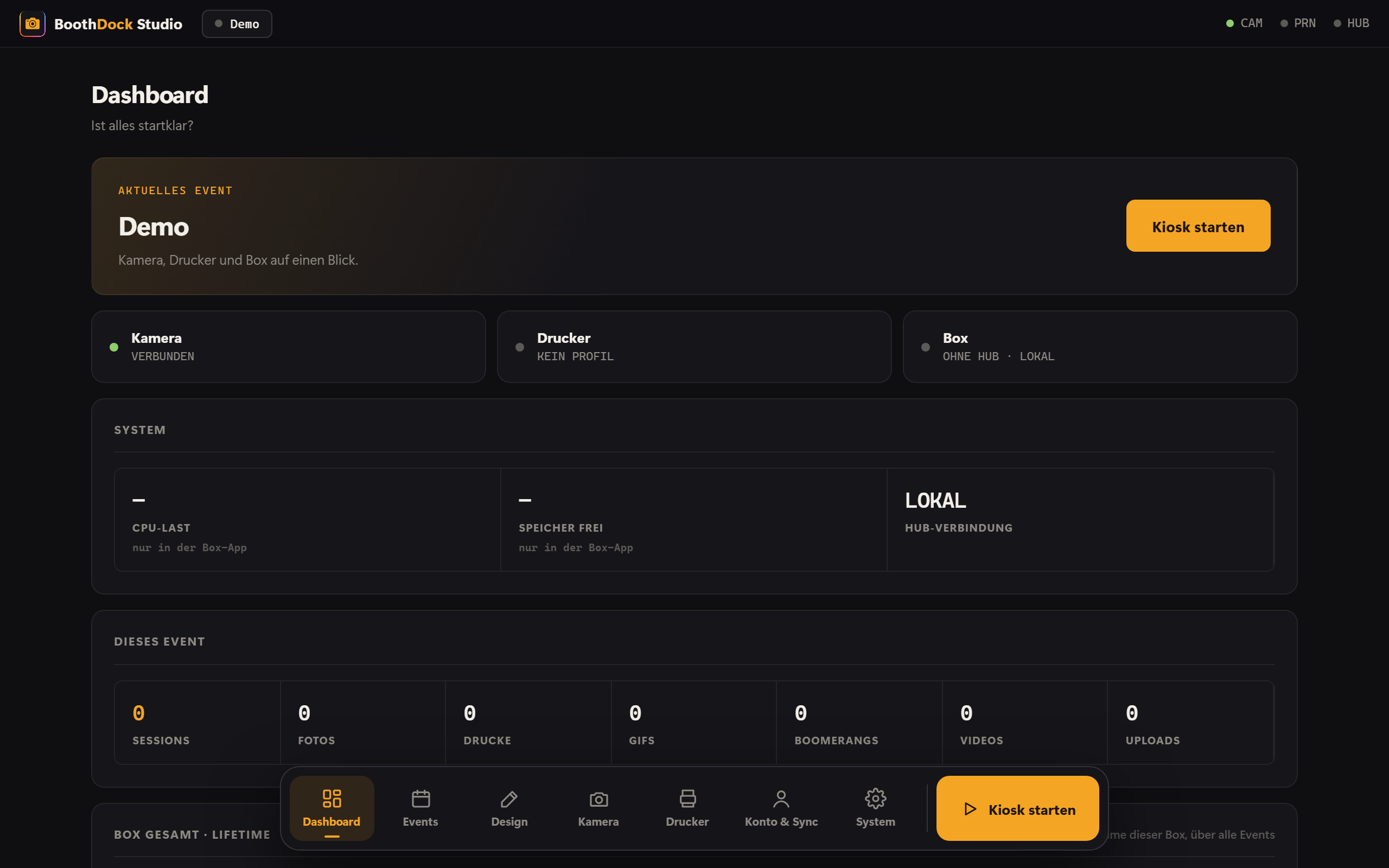 Das Studio-Dashboard: Kamera, Drucker und Box-Status auf einen Blick