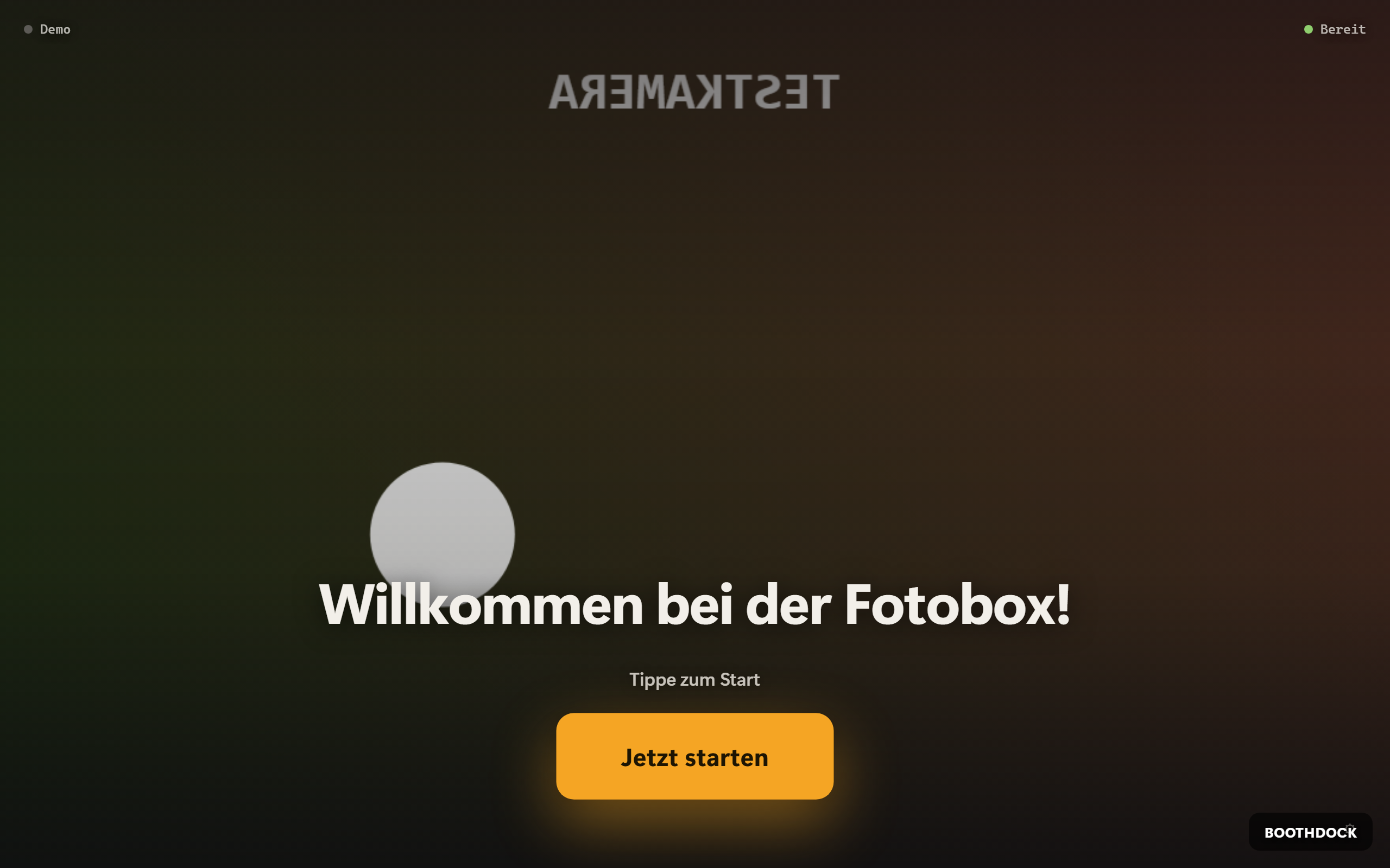 Der Gast-Kiosk an der Box: „Willkommen bei der Fotobox!" mit Live-Vorschau