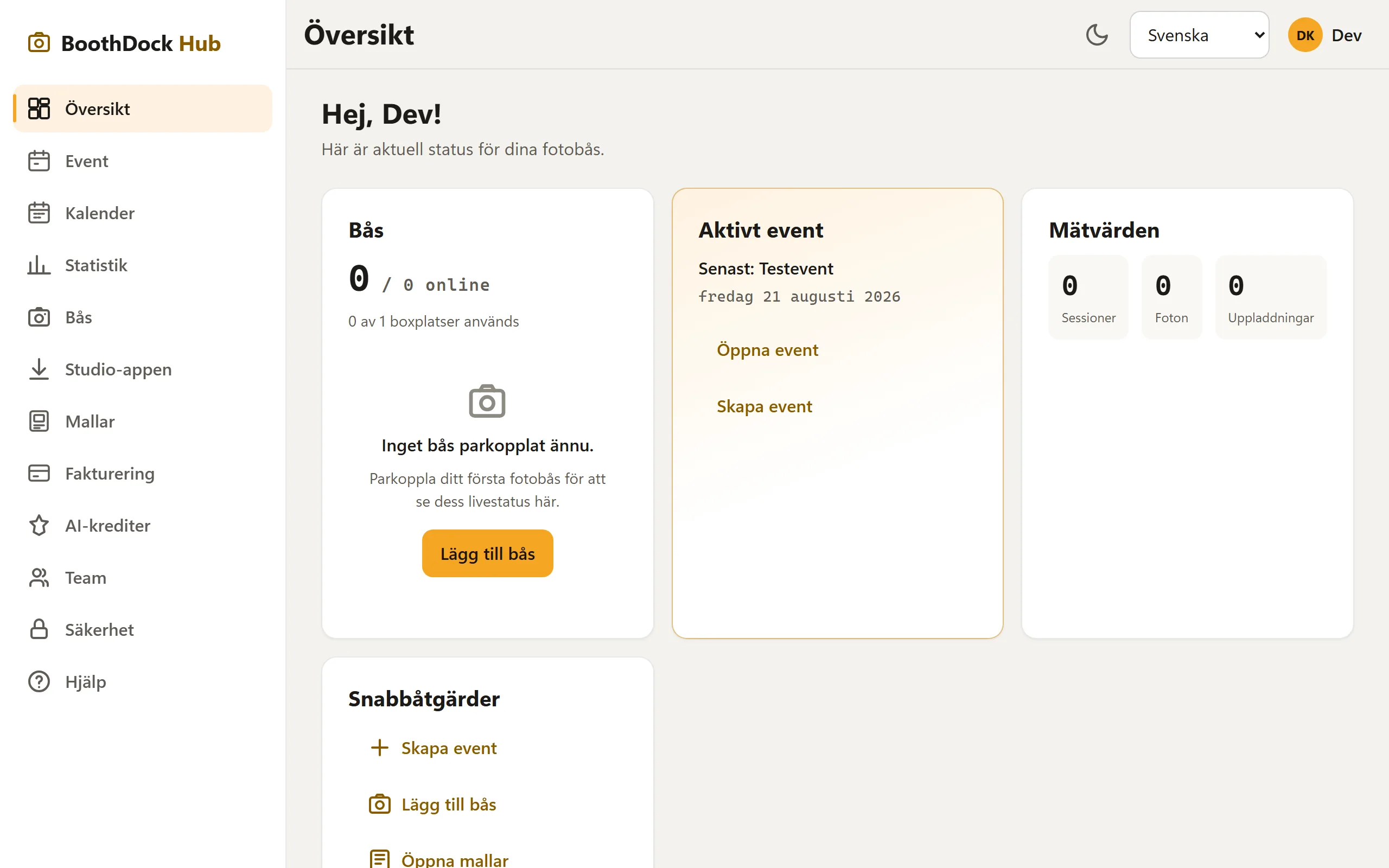 Hub-cockpiten: boxar, aktivt event och nyckeltal på en blick