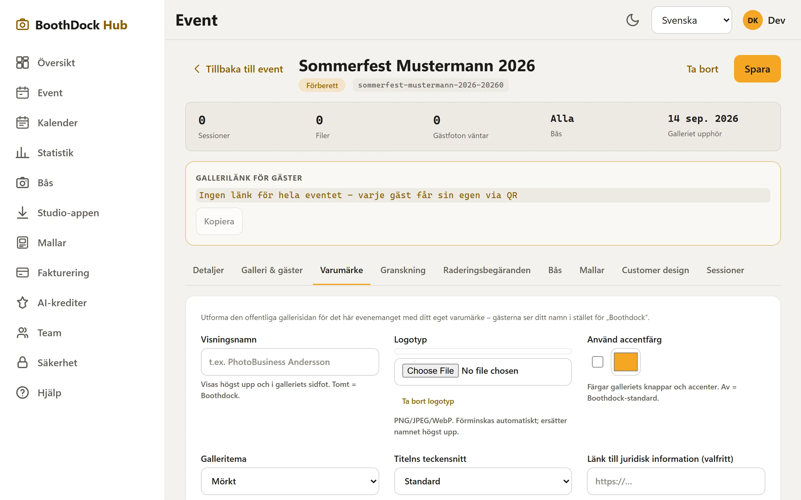 Fliken "Varumärke": visningsnamn, logotyp, accentfärg, design och rubrikteckensnitt