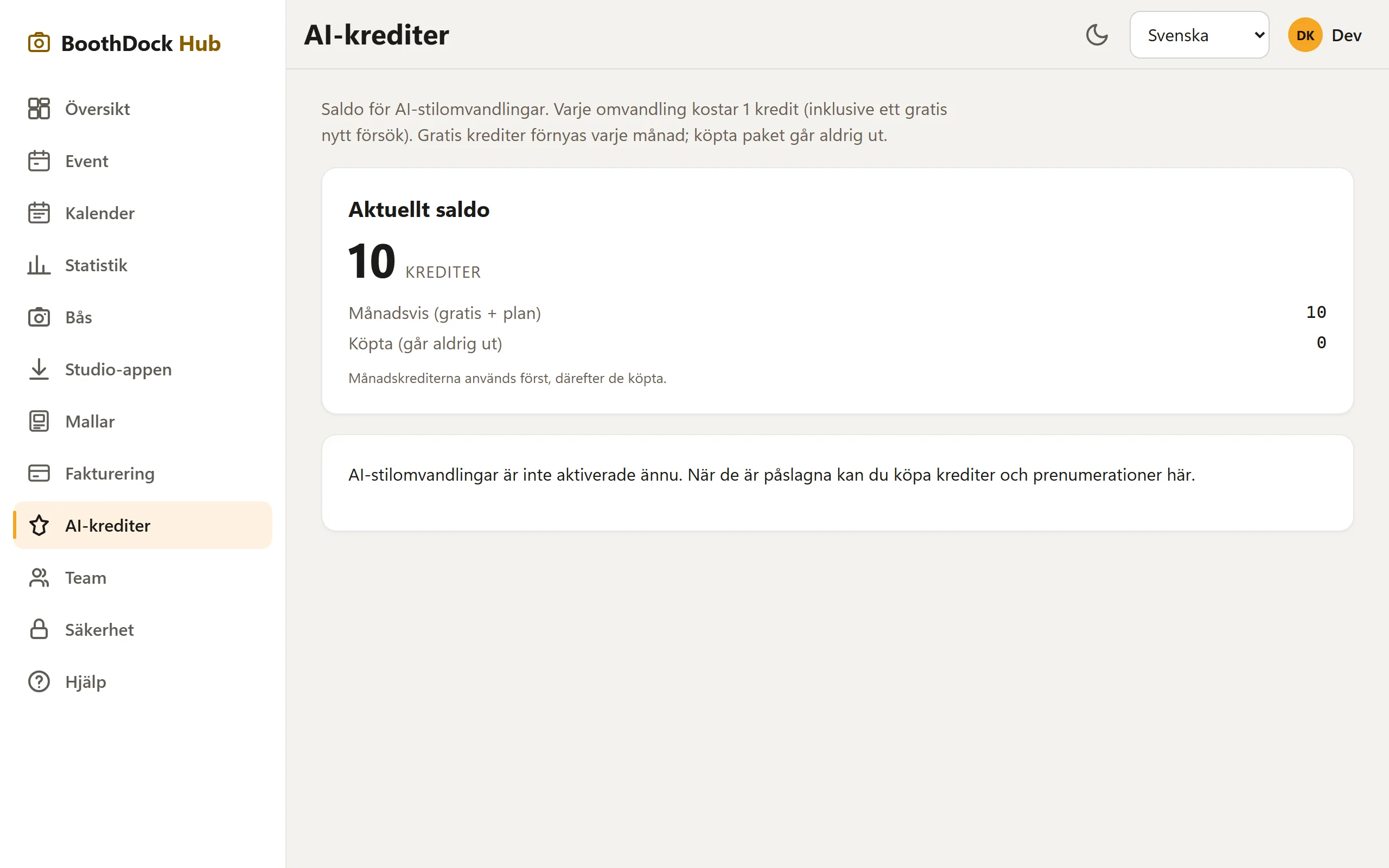 AI-credits i Hub: aktuellt saldo, månatliga och köpta credits