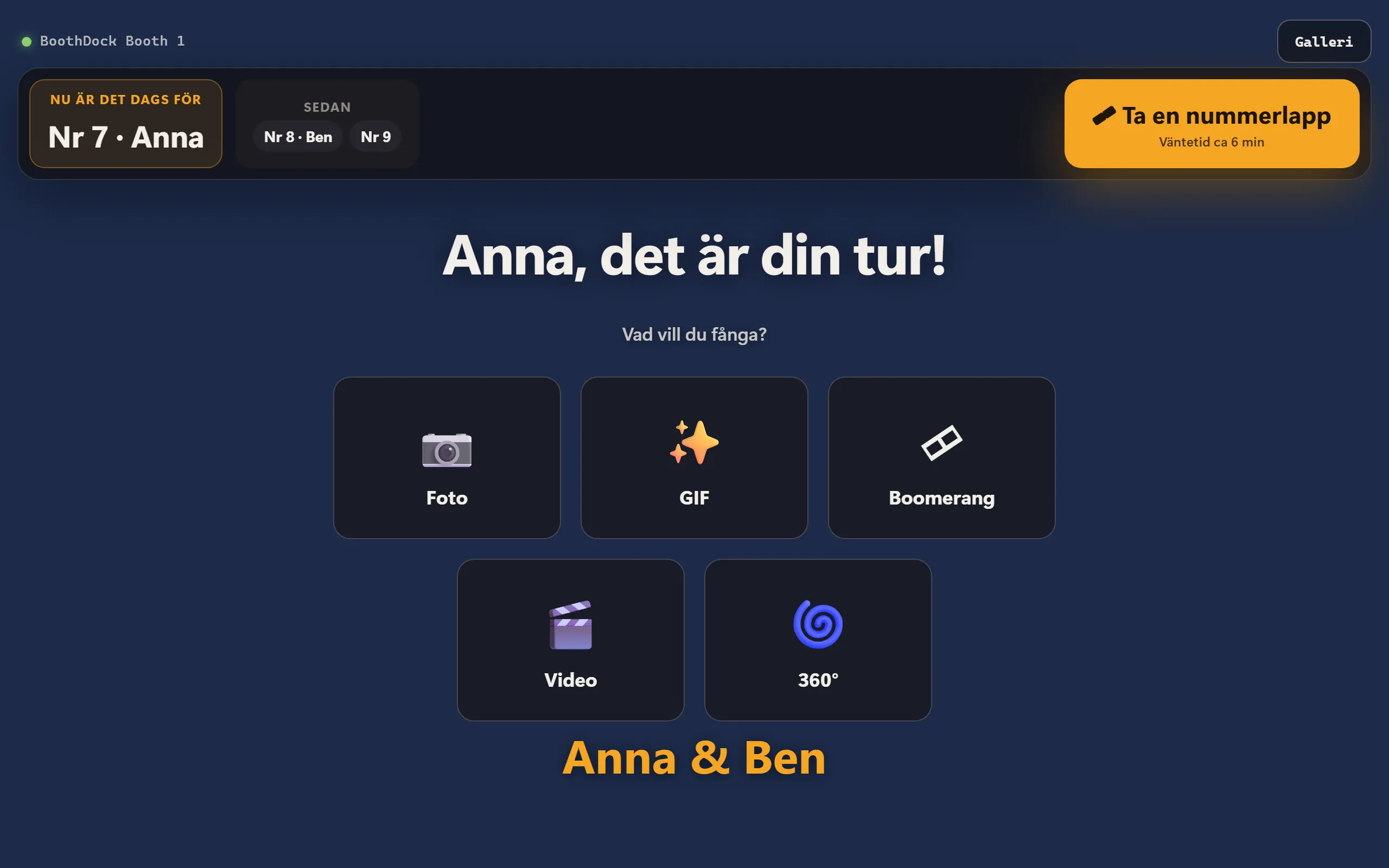 Stationen: gästerna väljer läge, boxen tar bilden