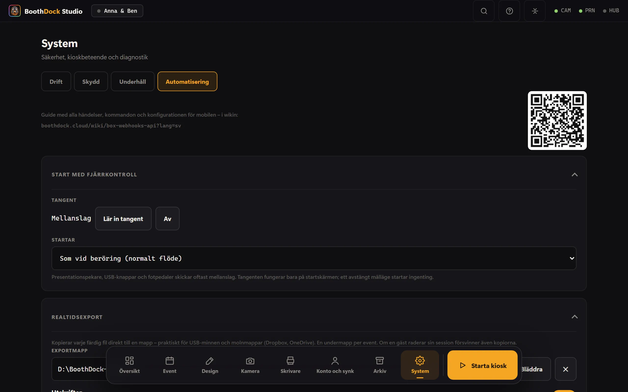 System → Automatisering: realtidsexport, webhooks och lokalt API